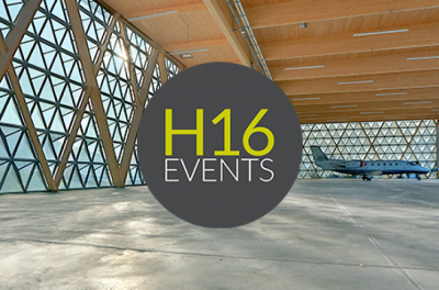 Hangar avec Jets et logo H16 Events